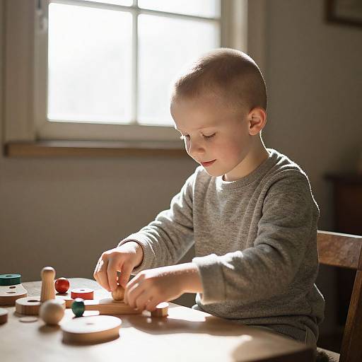Photograph of a young boy with short brown hair, wearing a gray sweater, concentratedly building a wooden toy in bright sunlight from a window.