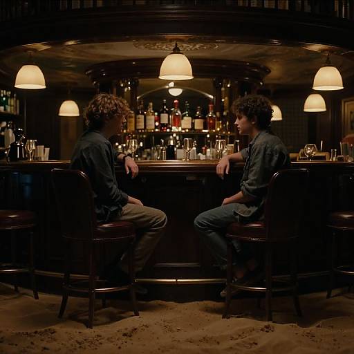 Photograph of two men with curly hair, in dark clothing, sitting at a dimly lit bar, facing each other, with warm pendant lights overhead