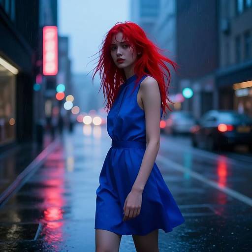 Photograph of a young woman with vibrant red hair, wearing a blue dress, standing on a wet, neon-lit urban street at dusk.