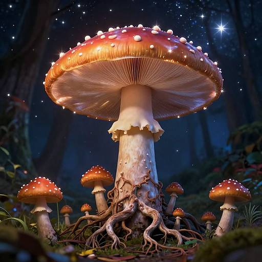 Photograph-style CGI of glowing, red-spotted mushrooms with starlit forest background; large central mushroom with detailed roots, smaller mushrooms surrounding.