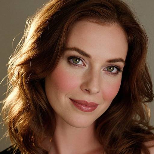 Photograph of a fair-skinned woman with green eyes, wavy brown hair, pink blush, and red lipstick, smiling softly against a gray background