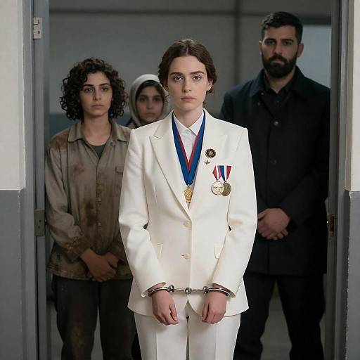 Woman in White Suit with Medals and Handcuffs in Doorway