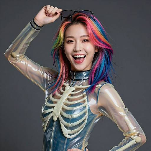 Photograph of a smiling Asian woman with vibrant rainbow hair, wearing a transparent latex top with a skeletal design, holding sunglasses above her head against a dark
