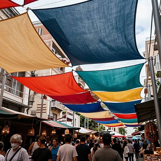 Colorful Canopy Over Urban Outdoor Market