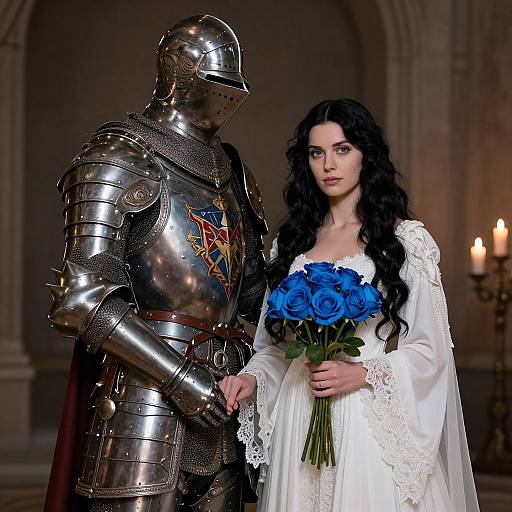 Photograph of a medieval scene: a woman with long black hair in a white lace dress holding blue roses stands beside a knight in shiny silver armor.
