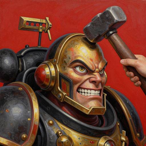 Digital illustration of a fierce, angry warrior with golden armor, grinning, holding a hammer on his head, against a red background.