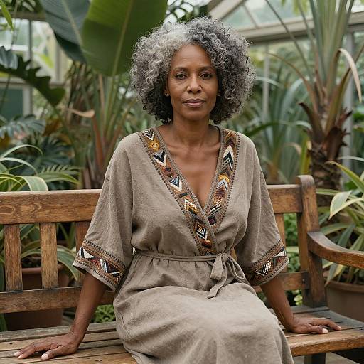 Photograph of an African-American woman with gray curly hair, wearing a beige, patterned, V-neck dress, sitting on a wooden bench in a