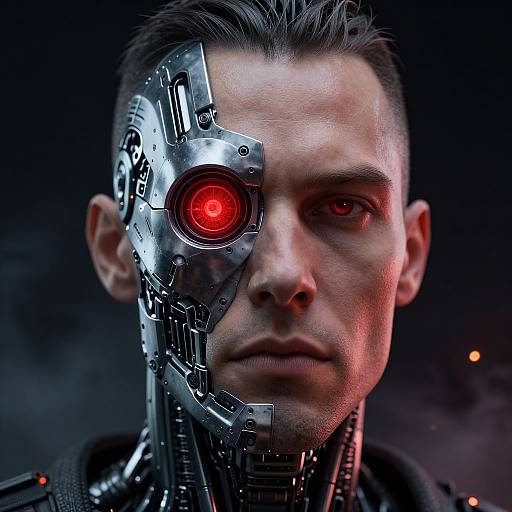 Digital artwork of a man with a cybernetic left eye glowing red, half-human, half-machine, set against a dark, smoky background.