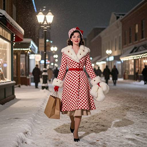 Vintage-style photograph of a woman in a red and white polka dot coat with fur trim, black hat, red gloves, and heels, walking in