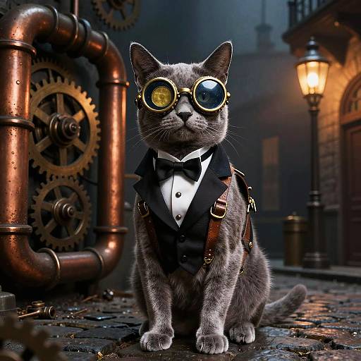 Steampunk grey cat wearing goggles and black tuxedo with bow tie, sitting on cobblestone street, copper pipes and gears in background.