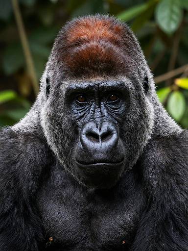 Photograph of a powerful, intense-looking silverback gorilla with dark fur, red-brown head, and deep eyes, set against a blurred,