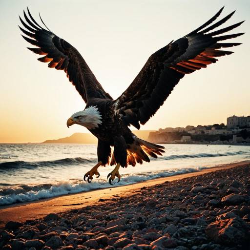 Giant Eagle Attacking on Mediterranean Beach at Sunset