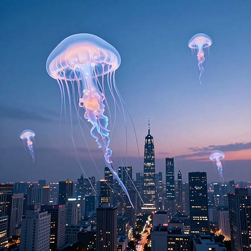 Photograph of a city skyline at dusk with glowing blue jellyfish floating above tall skyscrapers, blending urban and marine elements.