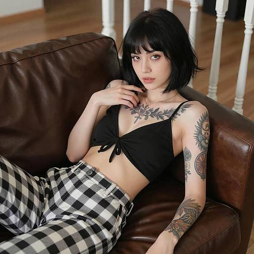 Tattooed Woman Reclining on Leather Couch