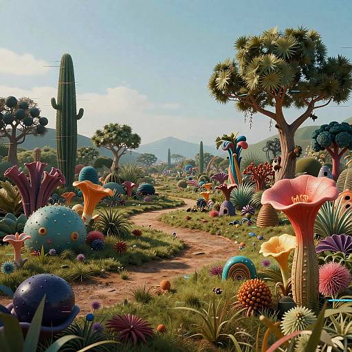 Vibrant, surreal digital artwork of a fantastical desert landscape filled with colorful, oversized alien plants and cacti along a dirt path.