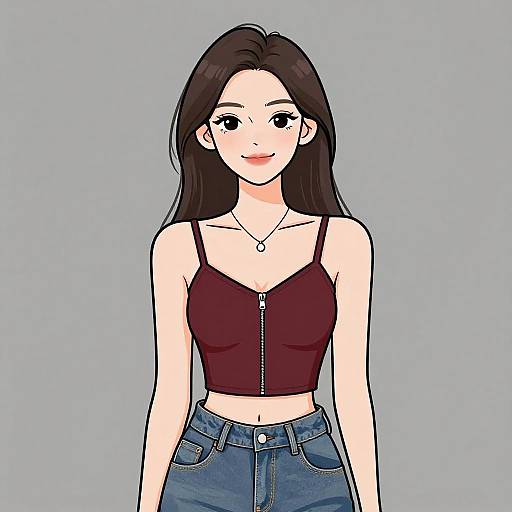 Digital anime-style drawing of a smiling young woman with long black hair, wearing a red zip-up crop top and blue jeans, against a plain gray background