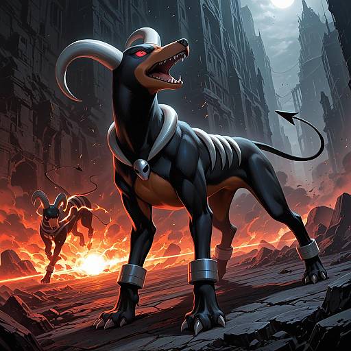 Illustration of Houndoom, pokemon in the style of Fujii masahiro