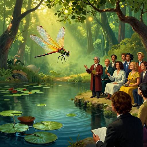 Illustration of diverse group seated by forest pond, watching large, colorful dragonfly hover above water with lily pads. Sunlight filters through trees.