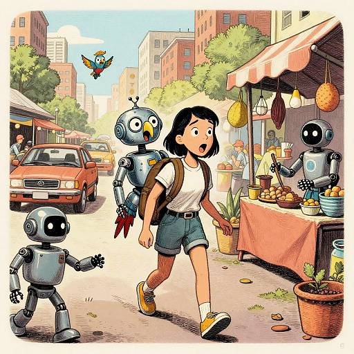 Colorful comic-style drawing of a shocked Asian girl walking with three robot birds on a sunny street market day.