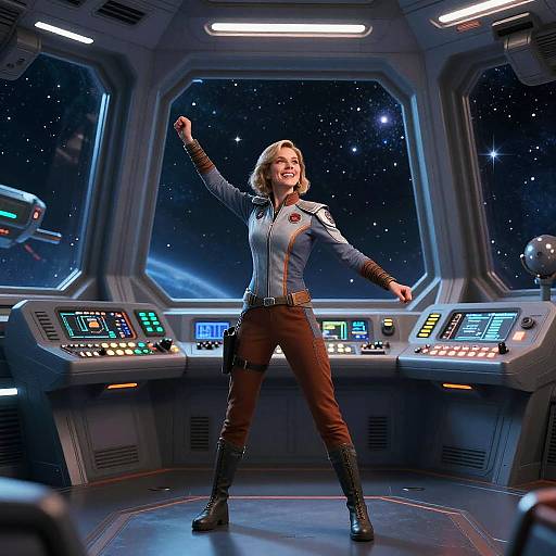 Photograph of a smiling blonde woman in a space-themed uniform, standing confidently in a futuristic spaceship control room with starry windows.