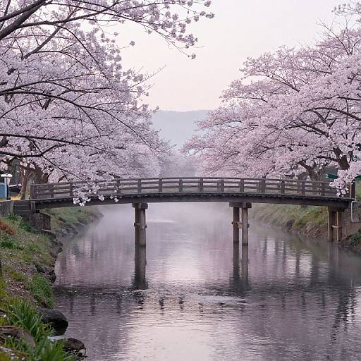 Photograph of a wooden bridge spanning a calm river, surrounded by cherry blossom trees in full bloom, with reflections on the water.