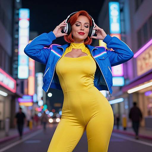 Photograph of a red-haired woman in a blue jacket, yellow bodycon suit, and headphones, standing confidently in a neon-lit urban street at