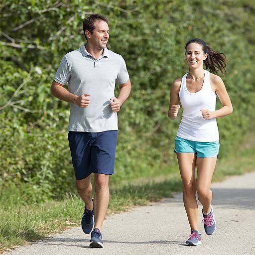 Photograph of a smiling, fit man and woman jogging together on a sunny, green-lined path, both wearing white tops and athletic shorts.