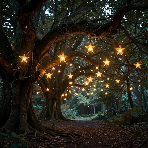 Photograph of a forest path at night, illuminated by glowing yellow star-shaped lights strung across a large, twisted tree branch.