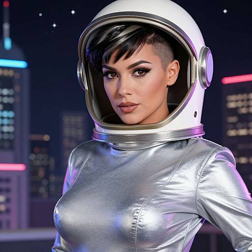 Photorealistic CGI of a confident woman with short black hair, wearing a silver spacesuit and helmet, against a neon-lit cityscape background.