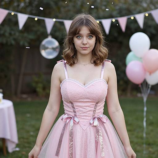 Photograph of a young woman with wavy brown hair, wearing a pink lace and tulle dress, standing in a garden with string lights, b