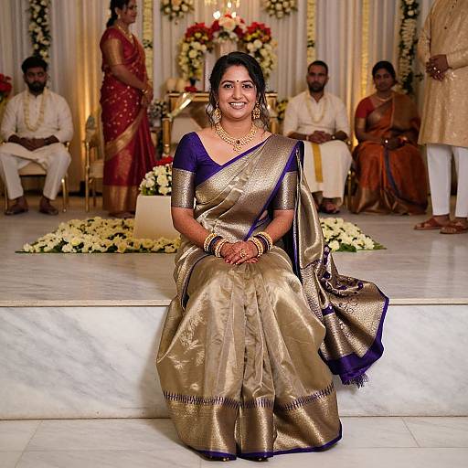 Photograph of a smiling Indian bride in a gold and navy sari, seated on marble steps, surrounded by guests in traditional attire, with floral arrangements