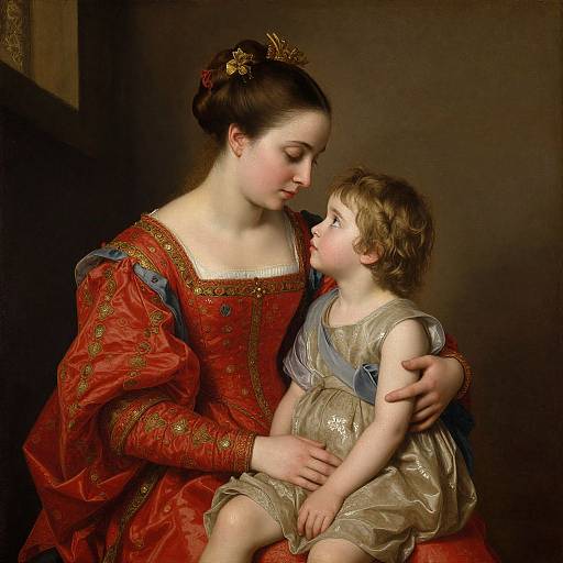 Digital painting of a serene mother in a red, gold-embroidered dress, gently cradling her blonde, blue-eyed toddler in a beige