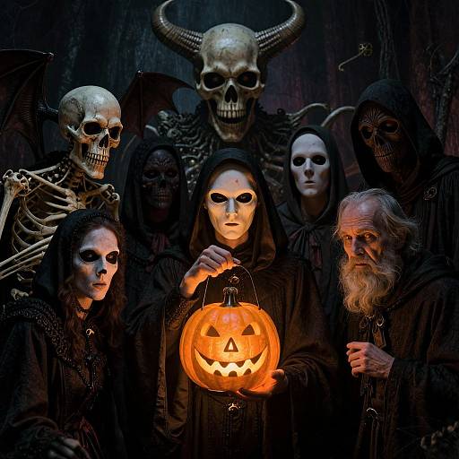 Photograph of six spooky, masked figures in black hooded robes, holding a glowing jack-o'-lantern, with skulls and bones in the background