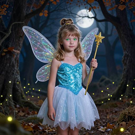 Photograph of a young girl in a sparkly blue and white fairy dress, with glowing green eyes, transparent wings, holding a star-topped wand