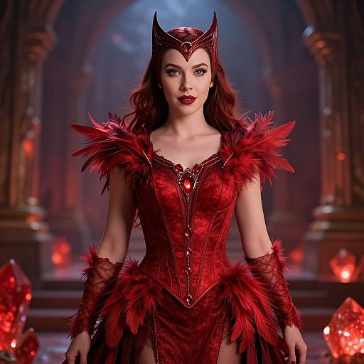 Photorealistic CGI of a red-haired woman in an elaborate red feathered and corseted devil costume, standing in a dimly lit, fiery