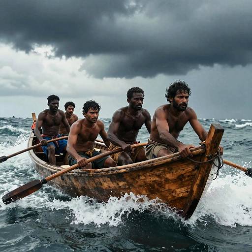 Men rowing wooden boat on stormy sea