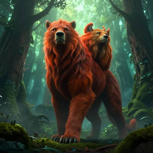 Digital fantasy artwork of a majestic, two-headed, red-furred bear standing in a misty, lush forest with sunlight filtering through trees.
