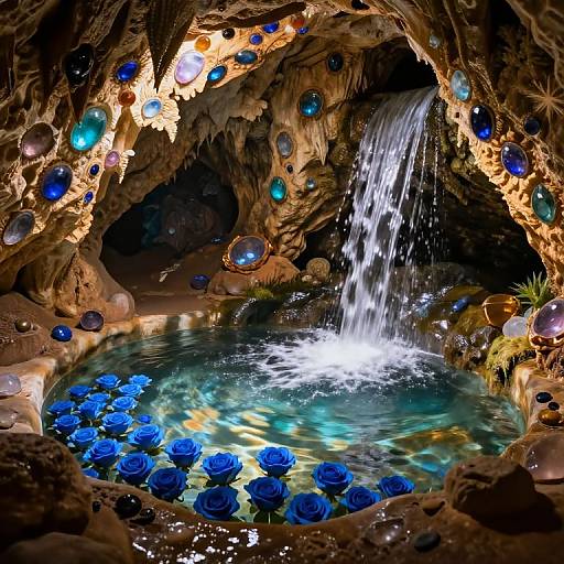 Gemstone Cave with Waterfall and Blue Roses