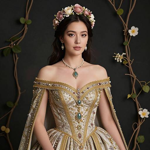 Photograph of a beautiful young woman with fair skin, dark hair, and floral crown, wearing an ornate, off-shoulder, gold and
