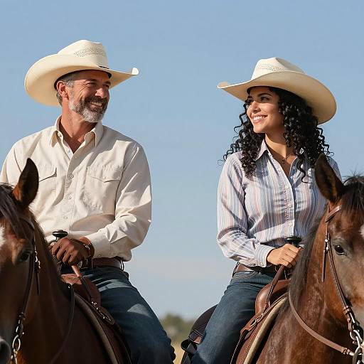 Cowboy Duo Riding Horses Under Blue Sky