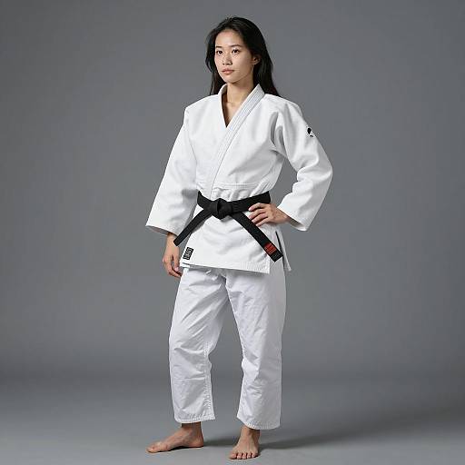 East Asian Woman in White Judo Gi with Black Belt
