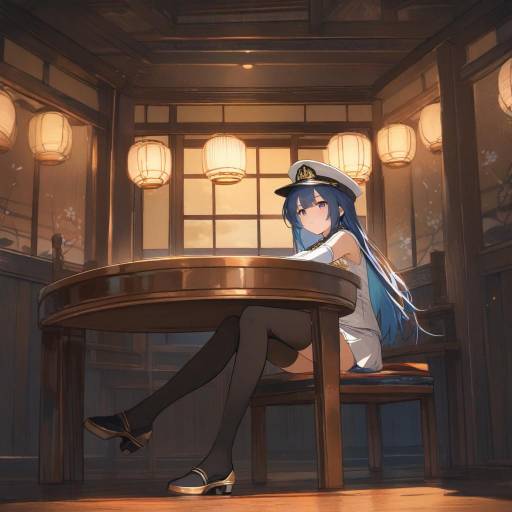 Anime Girl in Naval Uniform Sitting at Table