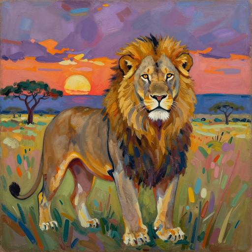 Vibrant Fauvist Lion in Sunset Savanna