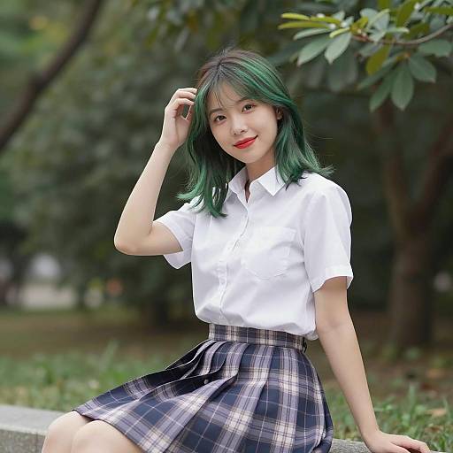 Asian Woman with Green Hair Smiling Outdoors