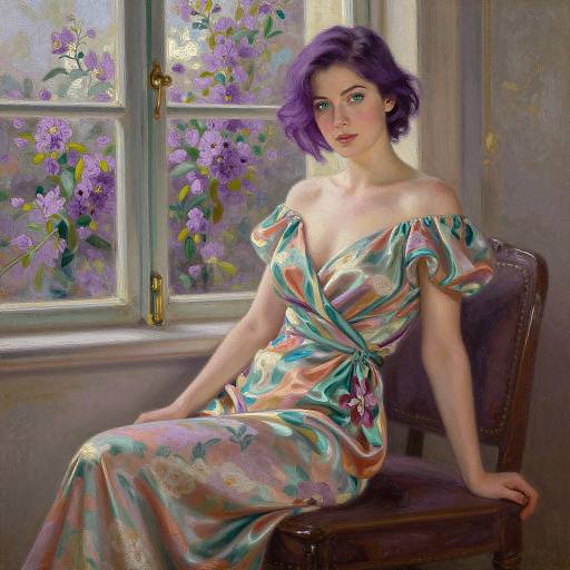 Digital painting of a pale-skinned woman with purple bobbed hair, wearing an off-shoulder floral dress, sitting by a sunlit window with