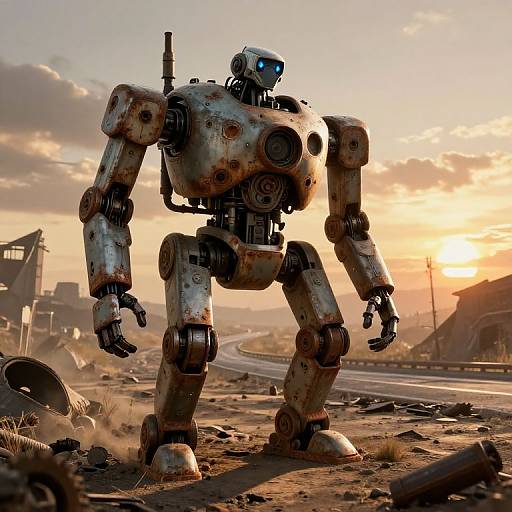 Photorealistic CGI of a rusted, humanoid robot standing on a debris-strewn, sunlit road at sunset in a post-apocalyptic landscape