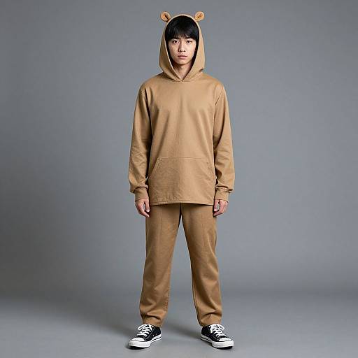 Photograph of an East Asian man in a beige bear hoodie with bear ears, matching pants, and black sneakers, standing against a gray background.