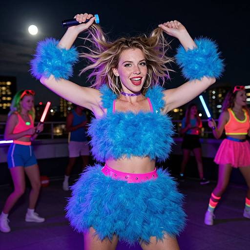 Photograph of a vibrant, energetic woman in blue feathered crop top and skirt, pink belt, holding neon lights, dancing at night.