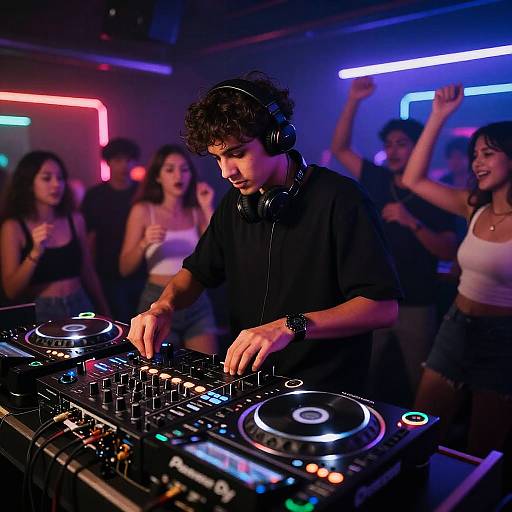 Photograph of a young DJ with curly hair, wearing headphones and black shirt, mixing music on a colorful DJ console in a neon-lit, crowded
