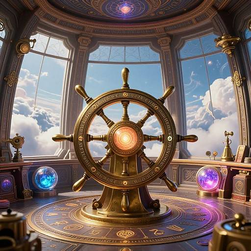 Digital artwork of a golden ship's wheel centered in an ornate, circular room with large windows and glowing orbs.